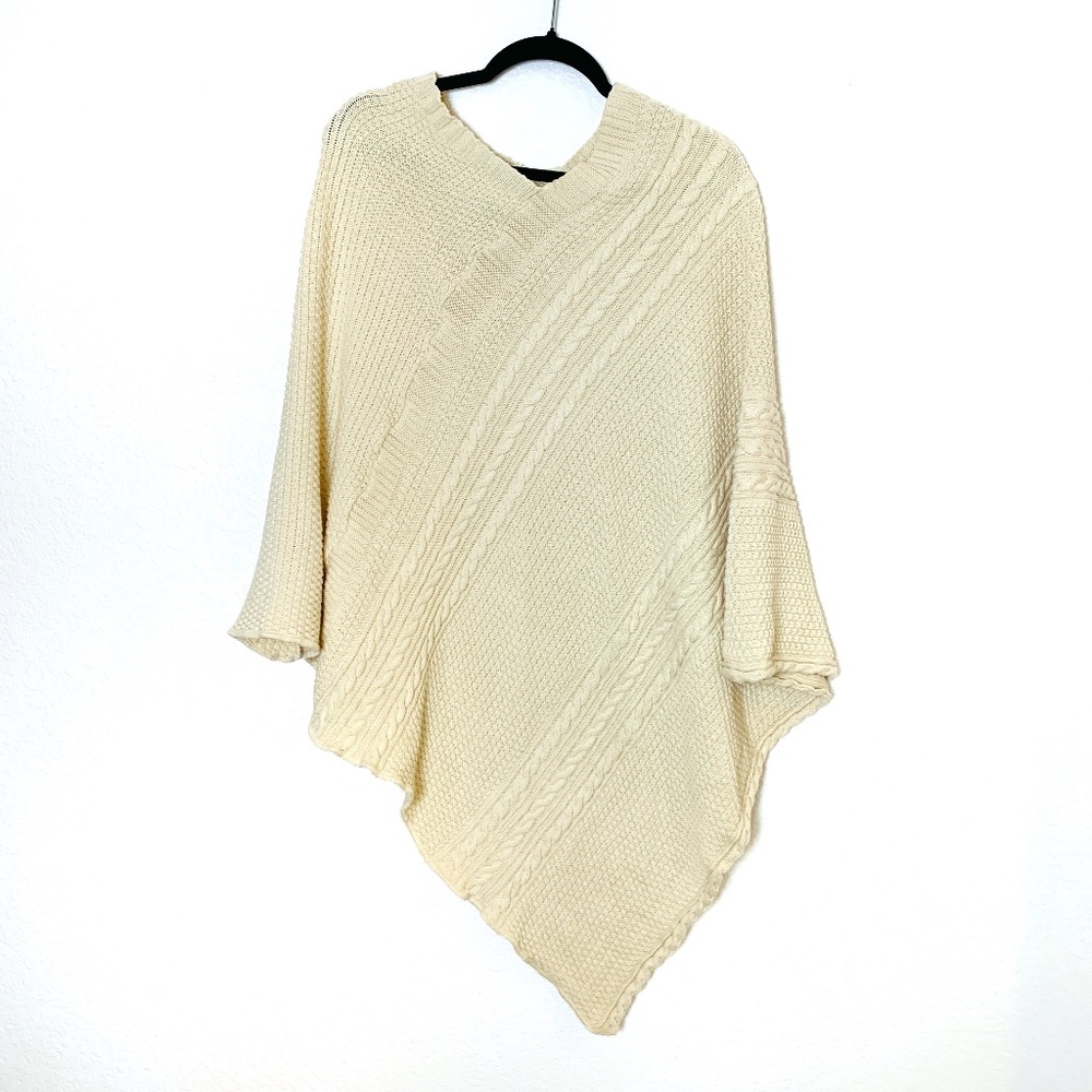 Green 3 Poncho Sweater Ivory One Size Chunky Cable Knit Cotton Fishermancore